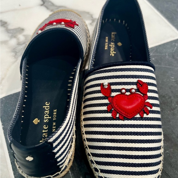 Kate Spade Navy and White Striped Espadrilles with Red Crab Appliqué - Picture 2 of 6